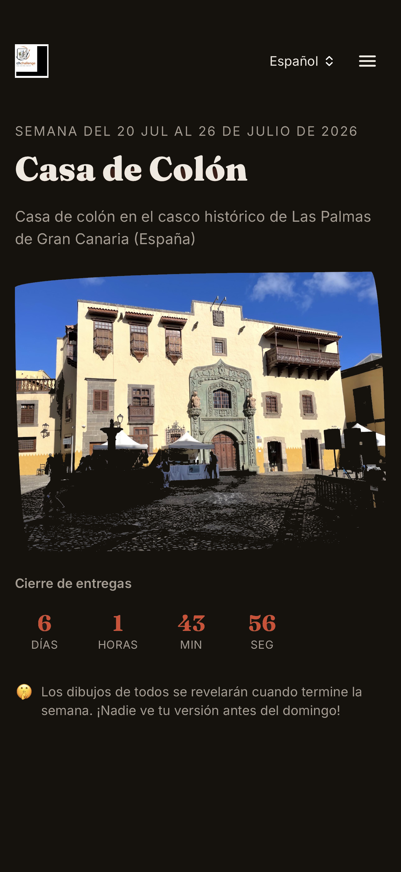 Pantalla del reto semanal en SketchChallenge: Casa de Colón, Las Palmas de Gran Canaria